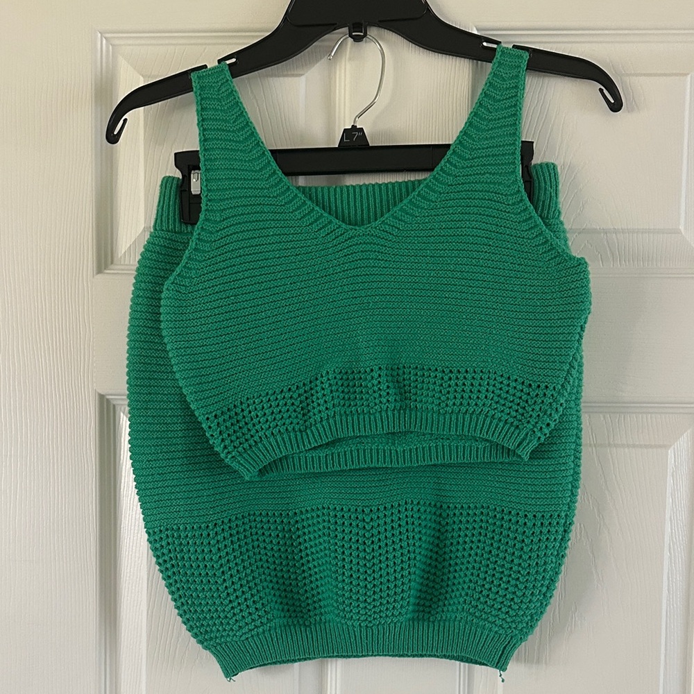 Green Knit Tank Top and Skirt Set